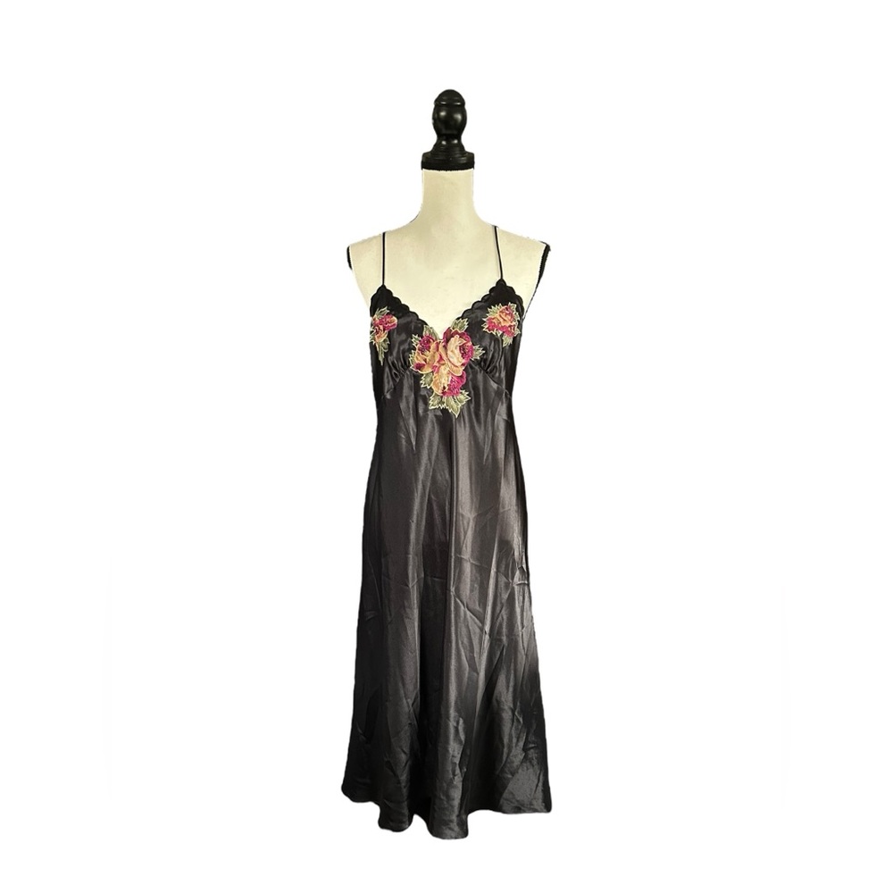 VTG 90s Etienne Black Satin Floral Embroidered Slip / Dress Lingerie Size 12/L